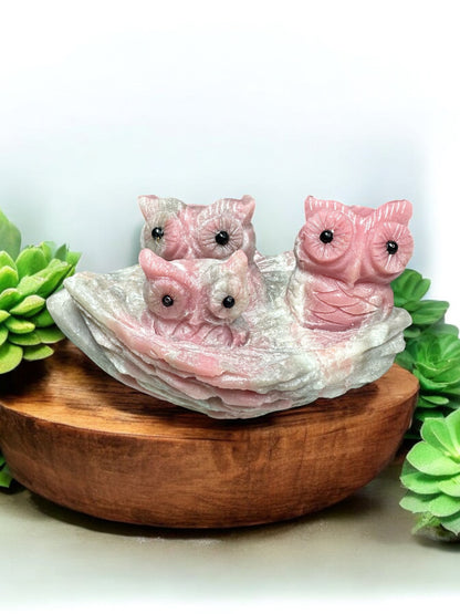 Pink Opal Crystal Owl Family