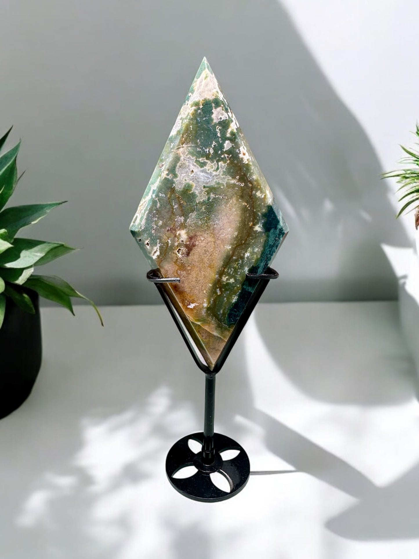 Moss Agate Crystal Diamond (on stand)