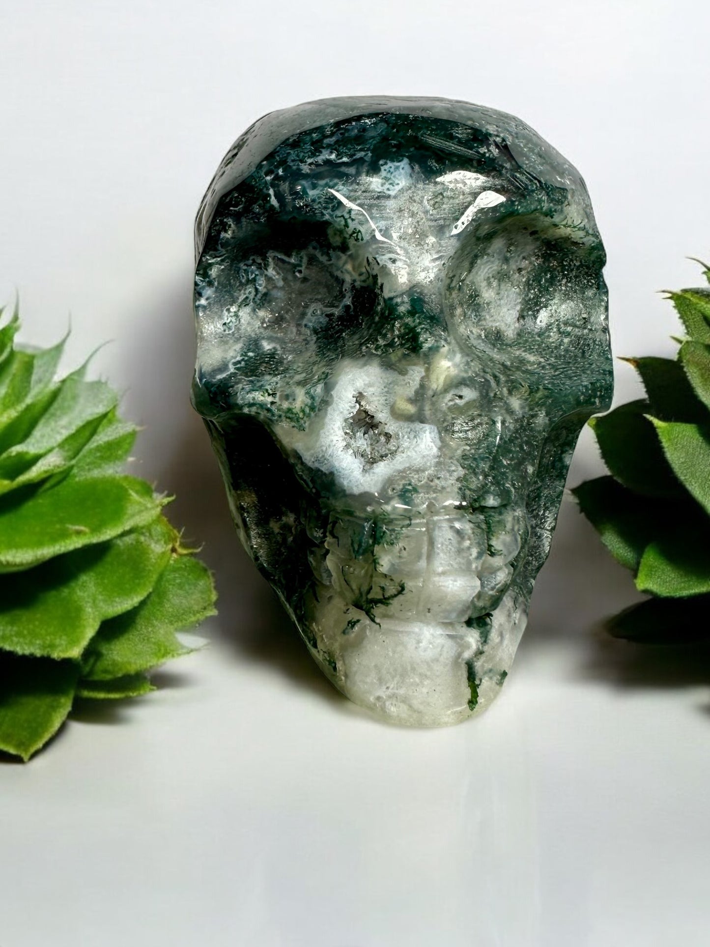 Druzy Moss Agate Skull