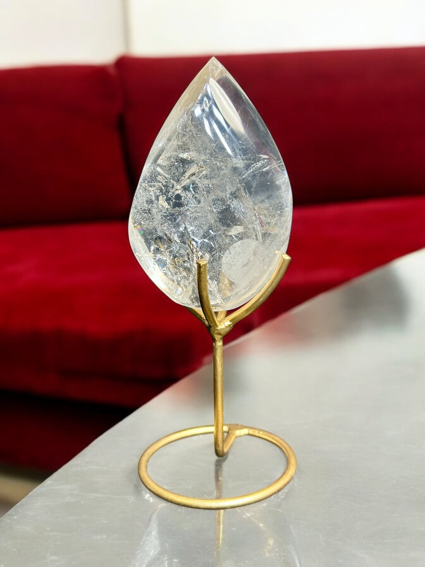 Clear Quartz flame on gold stand