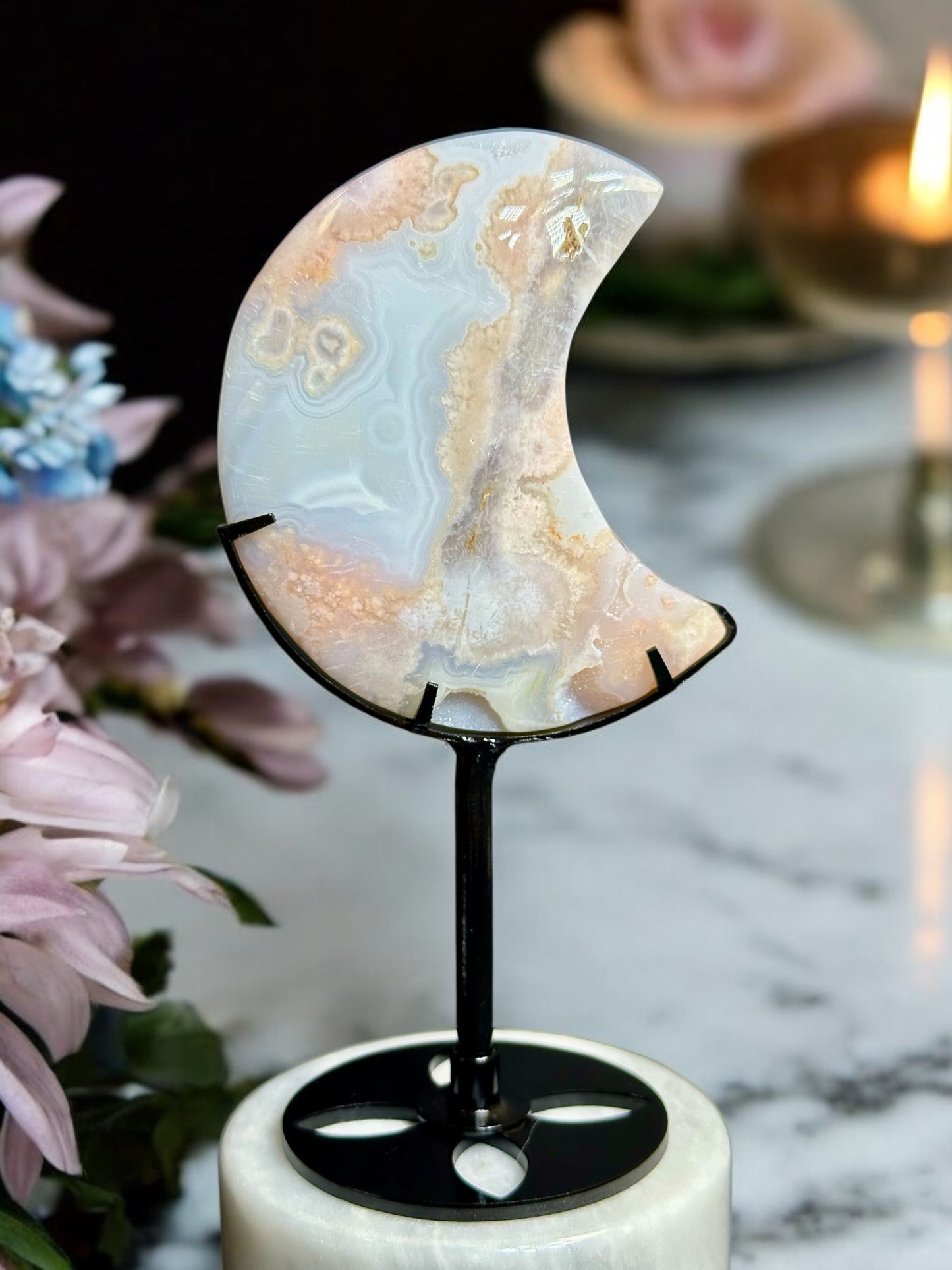 Flower Agate Moon on stand